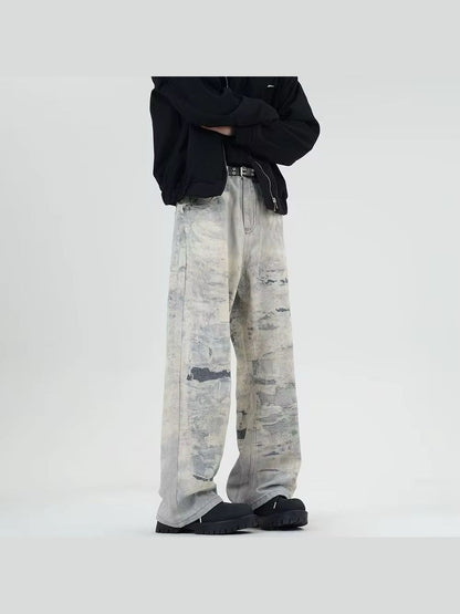 Abstract Washed Wide-Leg Cloud Denim