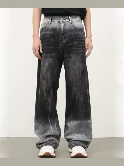 Dual Shade Gradient Wide-Leg Hand Paint Finish Denim