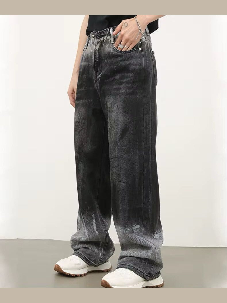 Dual Shade Gradient Wide-Leg Hand Paint Finish Denim
