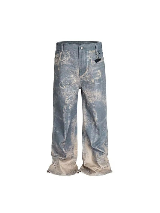 Retro Faded Blueprint Wide-Leg Spray Washed Denim