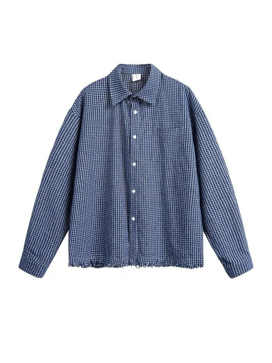 Textured Check Shirt with Frayed Hem
